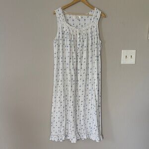 Eileen West White & Blue Floral Sleeveless Knit Nightgown Size Large